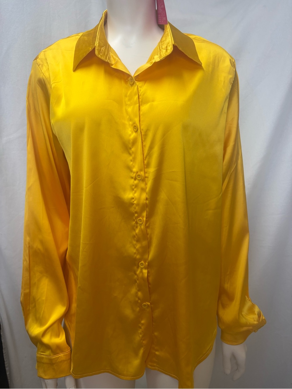 Title: Mengxin'er Vibrant Yellow Satin Long Sleeve Button Down Shirt Blouse